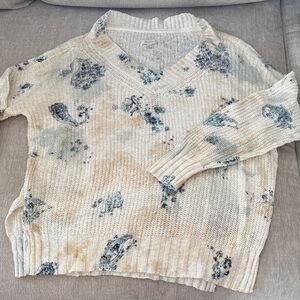 Pilcro Cream and Blue V-Neck Sweater